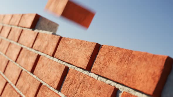 The clay brick wall being build at clear blue sky background. Loopable