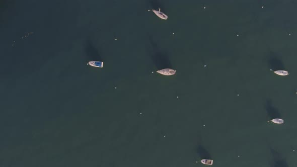 Aerial of boats moored at harbor in Michigan river, United States