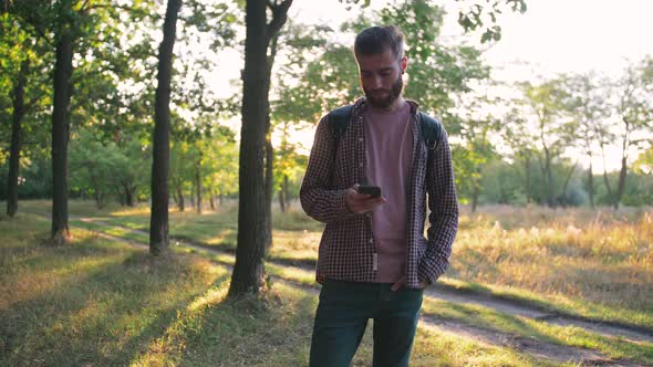 Young Attractive Beard Man Using Smartphone in Park During Sunset