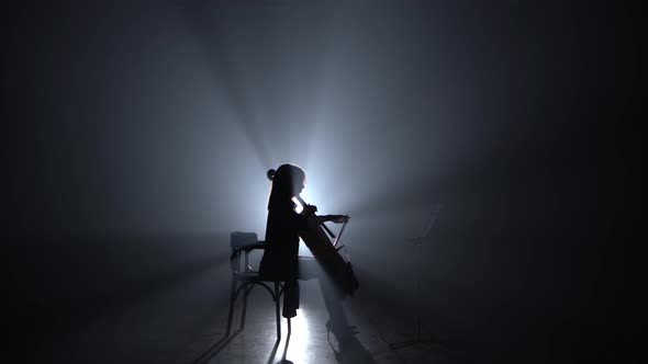 Woman Bows the Cello in a Smoky Room at Night