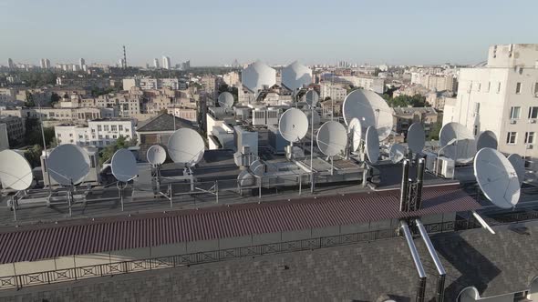 Kyiv, Ukraine: TV Antennas on the Roof of the Building. Aerial. Flat, Gray