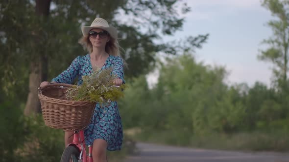 Cyclist Happy Cycling Travel Woman Rider On Bicycle. Girl Helmet Cycling On Bike Sport Recreation.