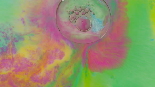 Fantastic Structure of Colorful Oil Paint and Ink Bubbles Chaotic Motion Abstract Colorful Paint