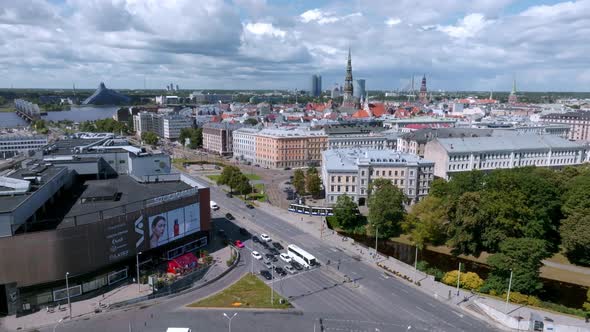 Aerial View of the Riga Central Train Station Tower with Name of the City and Clock