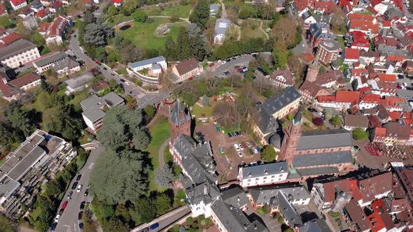 Beautiful flight over the fortress and park in the center of Weinheim. Germany.