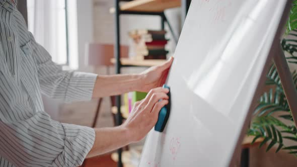 Unrecognizable Man Cleaning Whiteboard with Sponge After Lesson or Presentation for Colleagues Home