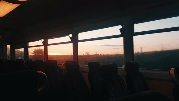 inside shot of empty train at sunset. in the English countryside of the Yorkshire dales