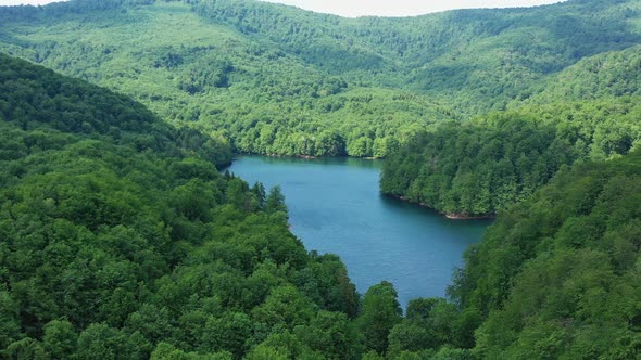 Aerial view of Morske oko lake in Remetske Hamre village in Slovakia