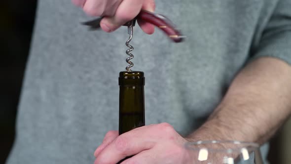 Hands open a bottle of wine, close-up of a wine cork that comes out of the neck