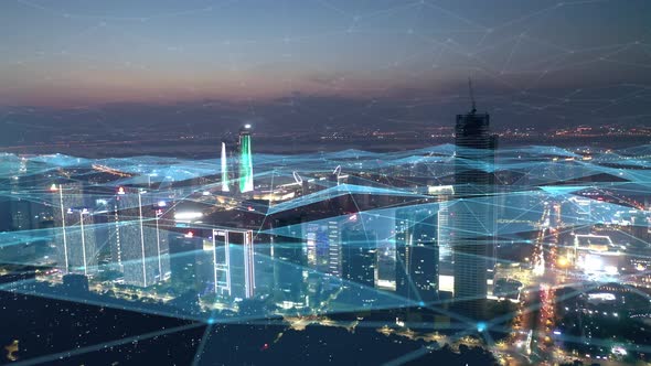 smart Connected city skyline. Futuristic network concept, city Technology.