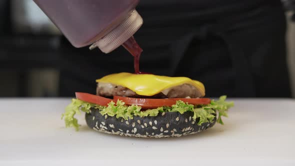 Close Up Shot Large Tasy Burger Beef Steak Iceberg Cabbage Tomatoes Melted Cheese