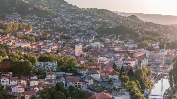 Panoramic aerial cityscape of the historical downtown of Sarajevo timelapse