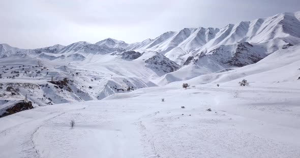 Landing in a beautiful white snowy ground surrounded with icy high cold mountains and a single brown