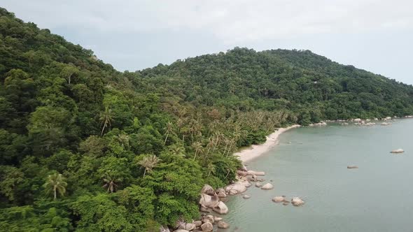 Aerial fly over clean sand paradise Permatang Damar Laut