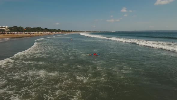 Aerial View Beautiful Beach with Surfers, Bali, Kuta.