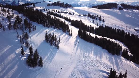 Aerial view of a ski slope in a ski resort in the Tyrolean Alps in Austria