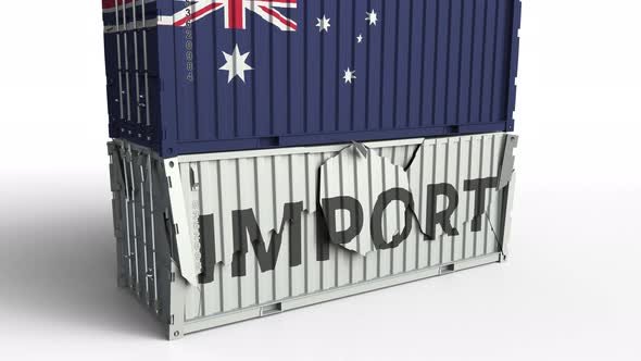 Container with IMPORT Text Being Crashed with Container with Flag of Australia alt