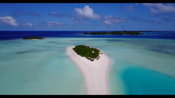 Young couple tan on tropical lagoon beach lifestyle by clear lagoon with white sand background of th