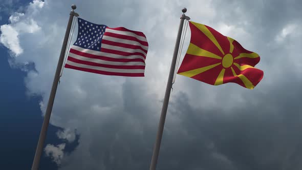 Waving Flags Of The United States And The Macedonia  4K