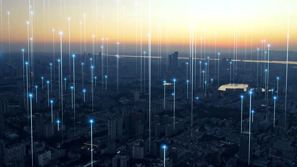 smart Connected city skyline. Futuristic network concept, city Technology.