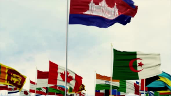 Cambodia Flag With World Globe Flags Morning Shot alt