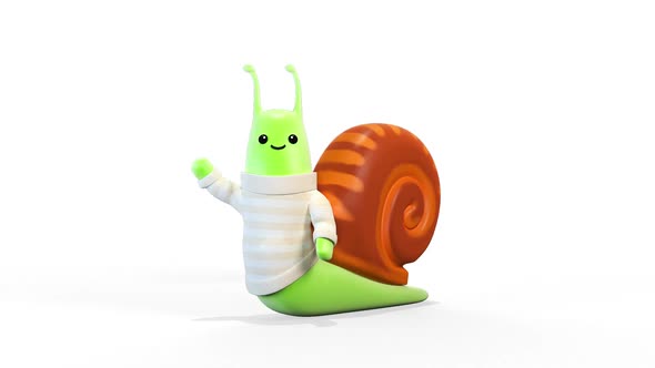 Snail Greets With One Hand on White Background