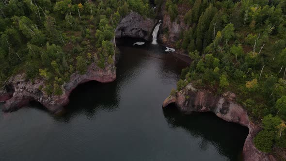 Aerial view amazing waterfall hidden in north shore minnesota lake superior