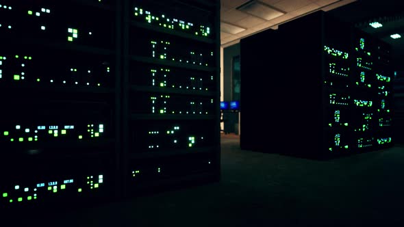 Modern Server Room with Supercomputers Light