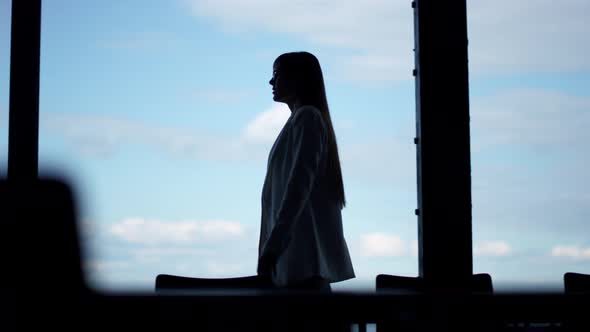 Woman Silhouette Going Glass Office Room