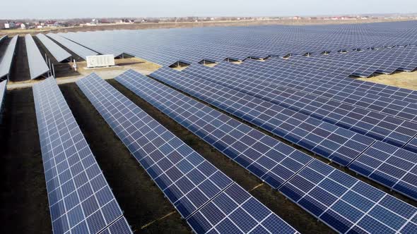 Aerial Drone View Flight Over Solar Power Station Panels