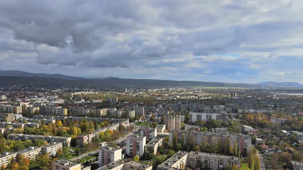 Landscape on Aerial View Urban Quarter of Residential Area Roofs the Uzhhorod Zakarpattya UKRAINE