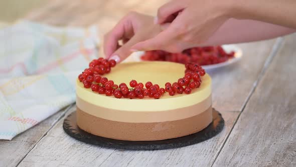 Triple Chocolate Mousse Cake Decorate with Fresh Berries.