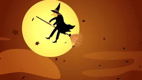 Mysterious halloween witch in hat and black clothes is flying on the broomstick