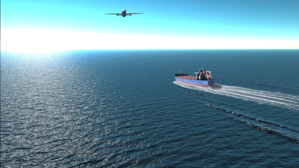 Empty Cargo ship  and airplane over the sea- aerial