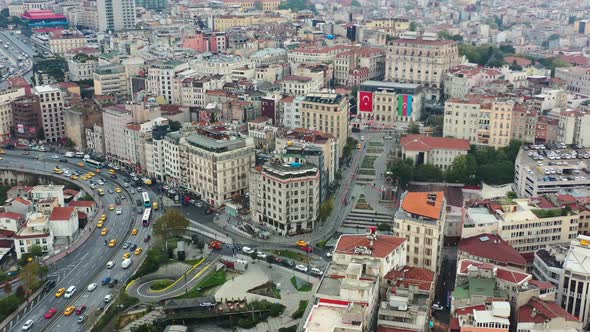 Aerial view of old European residential buildings near a major highway as on a cloudy day in Istanbu