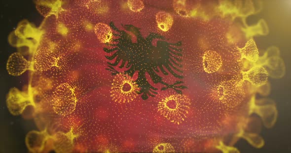Albania Flag With Coronavirus Microbe Centered 