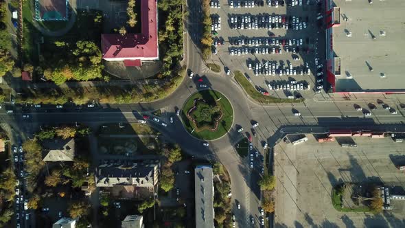 Drones Eye View Traffic Jam Top View Transportation Concept Roundabout Intersection Crossroad Aerial