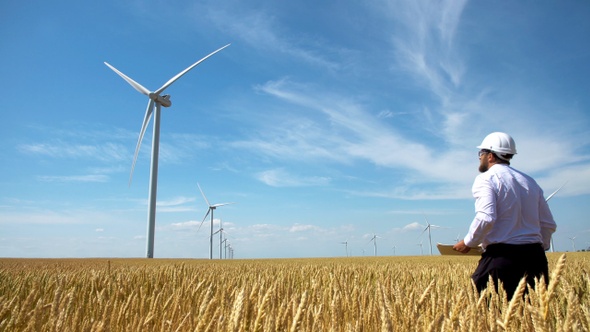 Worker of a wind power plant in a yellow wheat field