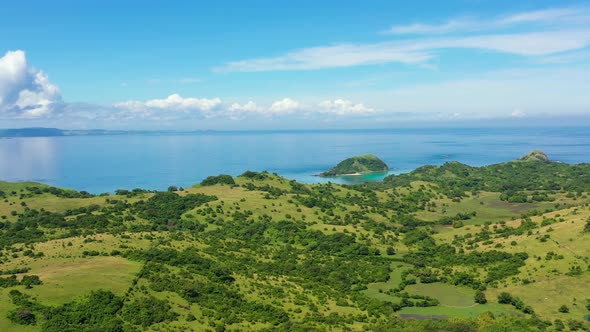 Tropical Landscape, View From Above. Large Tropical Island with Green Hills.