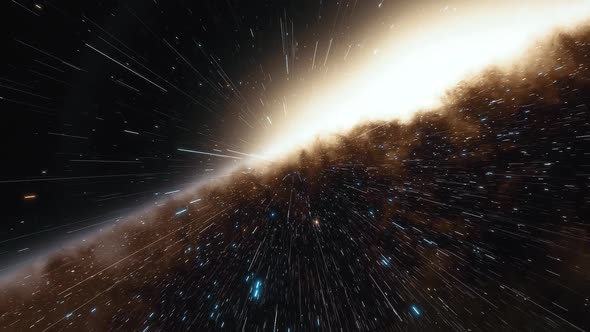 Starship Flies at the Speed of Ligh Near the Center of the Milky Way Galaxy in Space