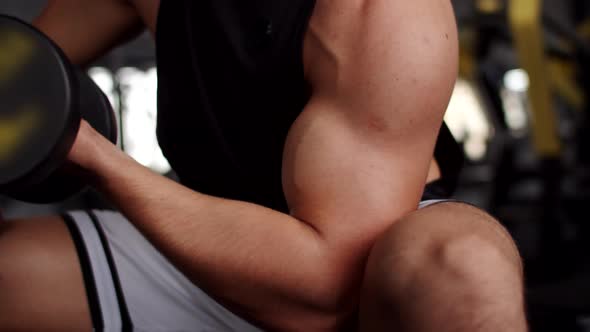 Closeup of muscular mans arm training biceps in gym lifting dumbbell. Male bodybuilder workout