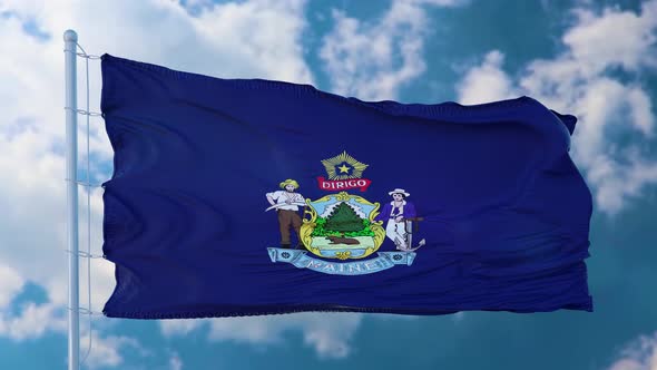 Maine Flag on a Flagpole Waving in the Wind in the Sky