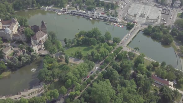 Aerial view Vajdahunyad castle on riverside of Danube river in City Park near Heroes Square Budapest