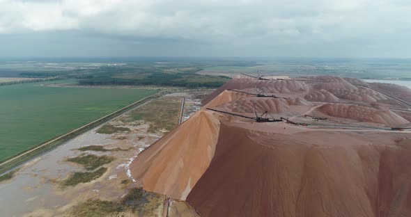 Salt Piles, Aerial View of Industrial Quarries, Conveyor in Salt Pits, Mining of Salt, Conveyor Line