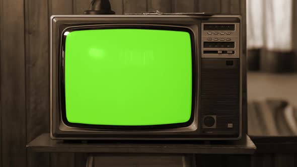 Retro TV turning on Green Screen with Static Noise and Color Bars. Sepia Tone.