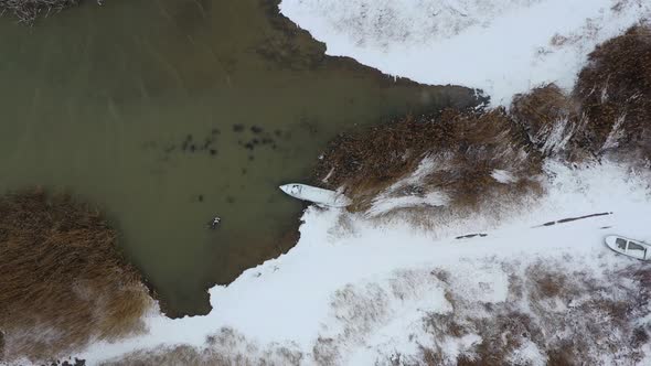 Aerial view of a boat along the shoreline, Beysehir lake, Turkey.