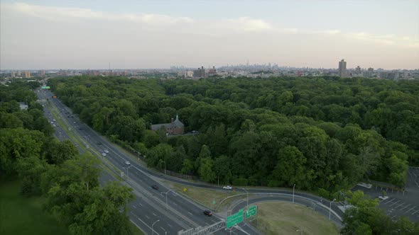 Aerial of Bronx River Parkway Viewing the NYC Skyline