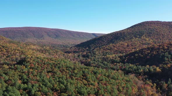 An aerial panning shot of Halfmoon Mountain and the Trout Run Valley in West Virginia. The forest is