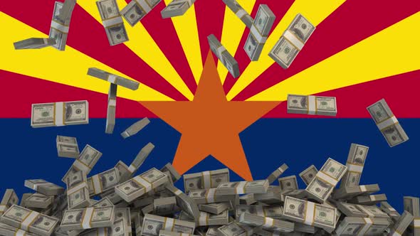 US Dollars falling in front of Arizona State Flag