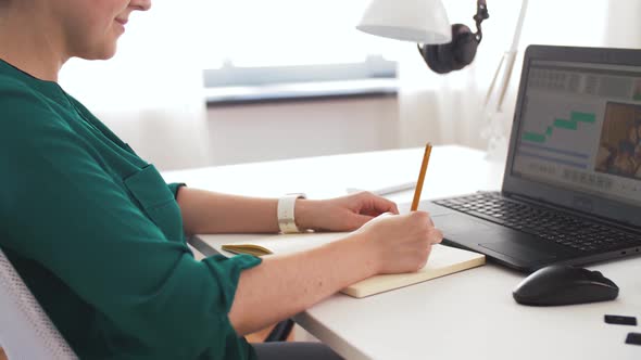 Woman with Video Editor Program on Laptop at Home